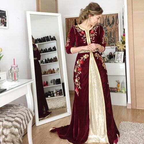 Bbonlinedress Moroccan Caftan Evening Dresses Embroidery Appliques Long Evening Dress Full Sleeve Arabic Muslim Party-Dress