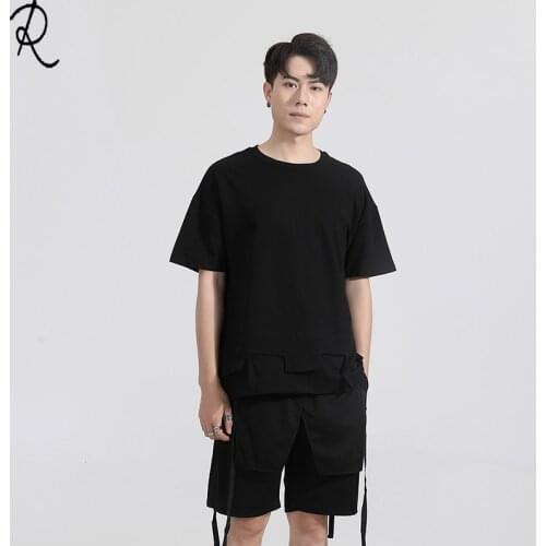 Black series irregular hem stitching flash design solid color casual short-sleeved t-shirt trend