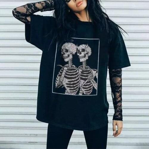 Black Vintage Skull T Shirt Print Graphic Tees Women Harajuku Loose Short Sleeve Streetwear Summer Plus Size Casual T Shirt Tops