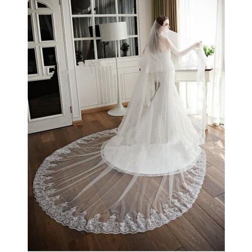 3M/5M Long Bridal Veil White/Ivory Two Layers Wedding Veil Cathedral Veil With Lace Wedding Accessories Veu De Noiva