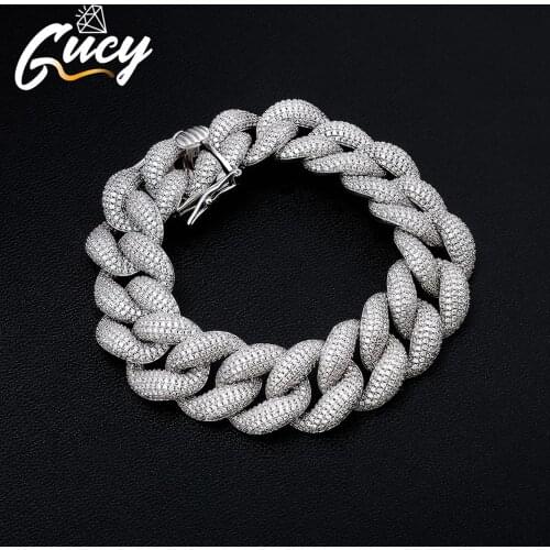 GUCY Fashion High Quality Miami Cuban Chain Bracelet Mens Hip hop Jewelry AAA Zirconia Silver Color Bracelets