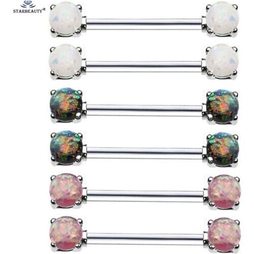 Starbeauty 2pcs/lot White Pink Green Imitation Opal Nipple Piercing Rings Surgical Steel Tongue Piercing Earrings Nipple Jewelry