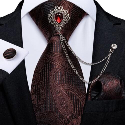 Brown Red Paisley Ties For Men Business Wedding Mens Silk Tie Set Handkerchief Cufflinks Brooch Chain Gift For Men DiBanGu