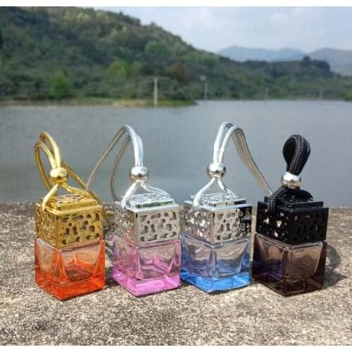 Colorful Cube Car Perfume Bottle Hanging Air Freshener For Essential Oils Diffuser Fragrance Empty Glass Bottle Pendant
