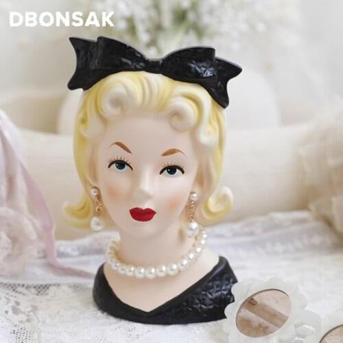 Creative Retro Beauty Human Head Sculpture Lady Pearl Bow Portrait Flower Pot Home Storage Organization Decorative Accessories