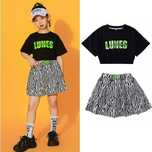 Summer Short Sleeve Black Crop Tops Girls Jazz Dance Costume Leopard Skirt Cheerlead Performance Costume Kids Street Wear BL6016