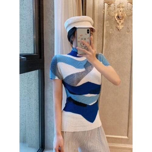 HOT SELLING Miyake print short sleeve fashion fold stand collar Slim fit T-shirts IN STOCK