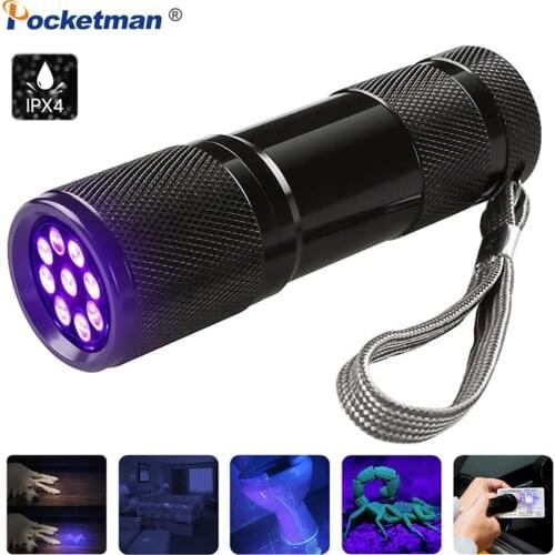 Mini 9 LED UV Flashlight Ultra Violet LED Flashlight Ultra Violet Invisible Ink Marker Detection Torch Light 3AAA UV Lamp