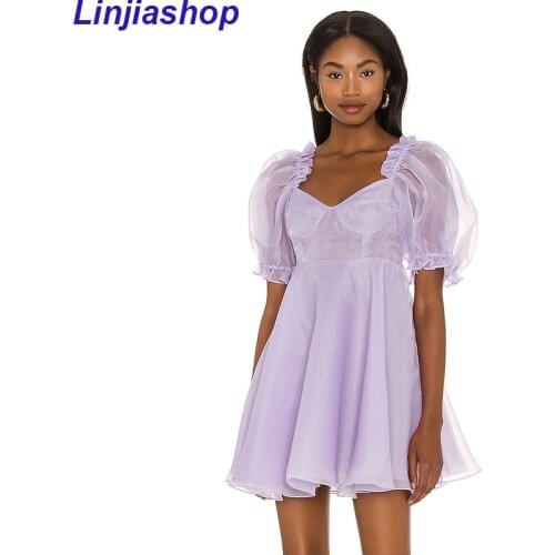 New Fashion Women Purple Organza Princess Dress Sexy Collar Puff Sleeve A-line Mini Party Dress Summer Vestidos