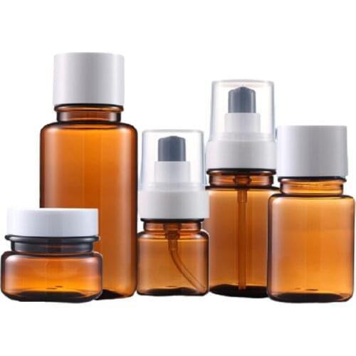 200ml 100ml 40ml Transparent Brown Plastic Empty Lotion Pump Toner Bottle Refillable Packaging Container 50G Cream Jar 30pcs/Lot