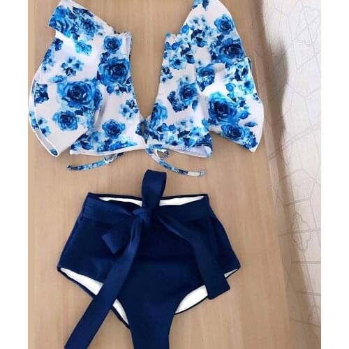 Sexy Bikinis Women Swimsuit 2021 Blue and white porcelain printing Swimwear Ruffle Bathing Suit Beachwear High Waist Biquini