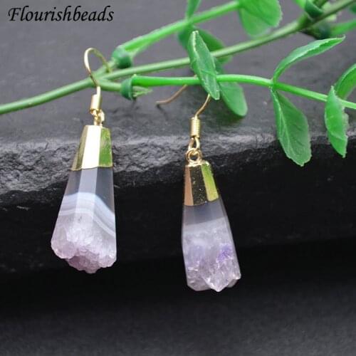 Natural Amethyst Earrings Druzy Stone Gold Plating Metal Ear Hooks Women Fashion Jewelry Ear Accessories Wholesale 5pairs