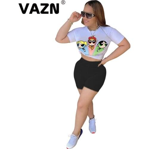 VAZN 2020 Summer New Young Cartoon Daily Tracksuits Soft Young Fashion Short Sleeve Top Short Pants Slim Women 2 Piece Set