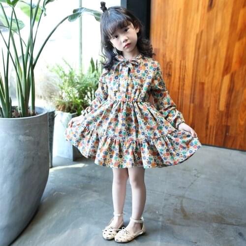 2020 Spring Girls' Long Sleeved Floral Princess Dress Baby Kids Cotton Pleated Dresses Childrens Fall Clothes One-Piece X197