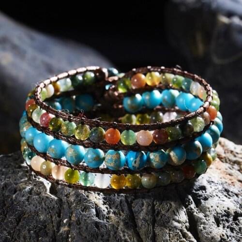 Vintage Handmade Braid Bracelets Colorful Natural Stone Leather Wrap Beads Bracele For Women Multilayer Boho Bangle Jewelry Gift