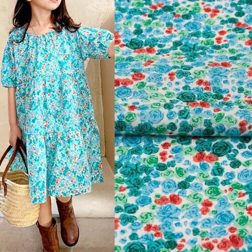 Green And Blue Small Rose Reactive Printing And Dyeing Cotton Fabric For Dress Tissus Au MÈTre Telas Por Metro Vestidos