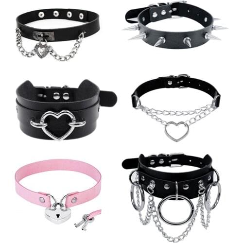 Harajuku Chocker Sexy Heart Lock Key Rivets Black Goth Punk Chokers Gothic Choker Necklace for Women Hip Hop Bondage Cosplay