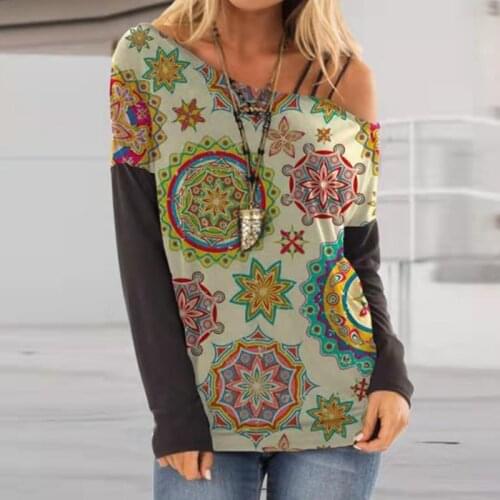 Autumn New Vintage Pattern Print Women Top Fashion Sexy Slash Neck Strapless Pullovers Casual Long Sleeve Loose Ladies T-Shirts