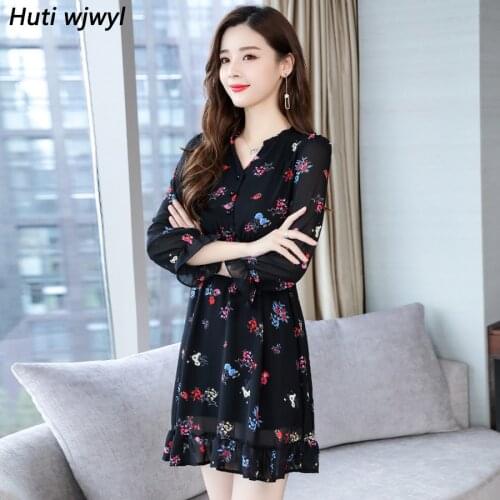 2021 Vintage Print Long Sleeve Mini Dresses Autumn Winter 3XL Plus Size Floral Chiffon Dress Elegant Women Bodycon Party Vestido