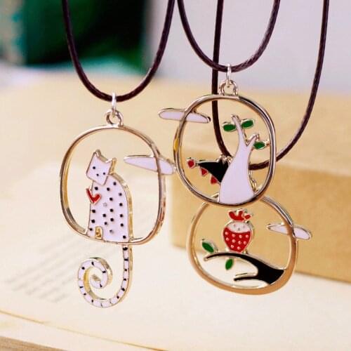 10 Pcs/lot Fairy Tale White Cat Red Owl Tree Gold Color Enemal Colorful Cute Cartoon Pendant Necklace For Children Kid Girls