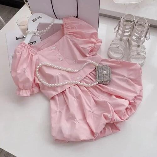 2-8 Years Baby Girls Clothing Sets Summer Kids Girls Embroidery Clothes Square Collar Puff Sleeve Shirts Shorts Girls 2pcs Suits