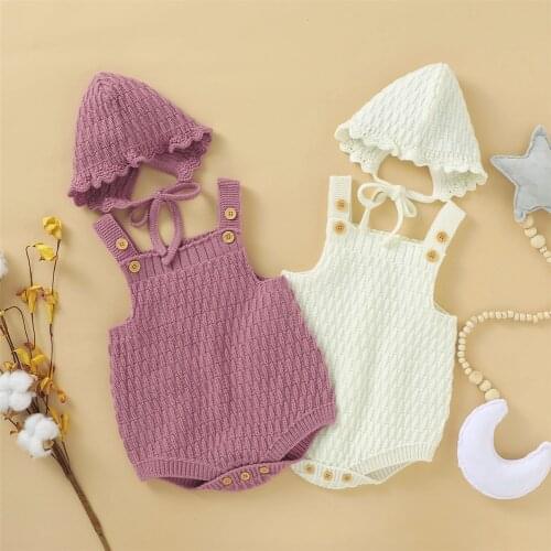 2 Pcs Babys Casual Sleeveless Button Knitted Vest Bodysuit Solid Color Lace-up Elastic Hat Suit For Daily Life