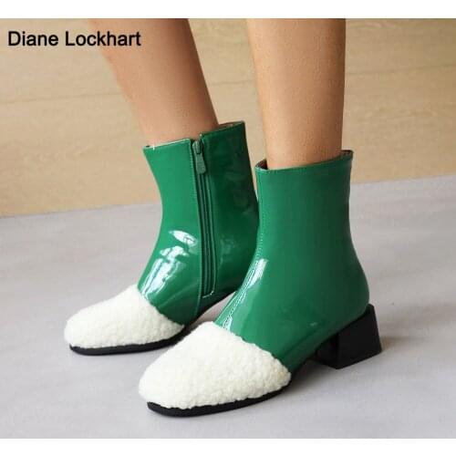 2021 Warm Fur Ankle Boots For Women Side zip Chelsea Boots Chunky Heel Platform Boots Ladies Winter Shoes Green White Black32-43