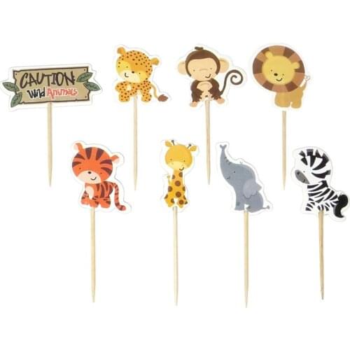 24pcs/lot Safari Jungle Animal Party Cupcake Toppers Pick Party Supplies Kids Birthday Party Wedding Cake Decorations