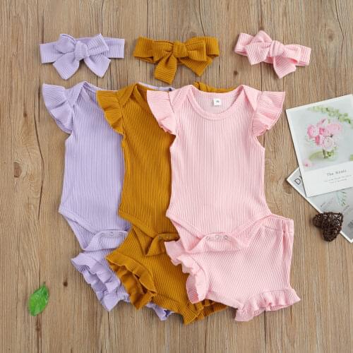 3 Pcs Newborn Summer Outfits, Baby Girls Ribbed Round Neck Fly Sleeve Romper + Ruffle Shorts + Bowknot Headband
