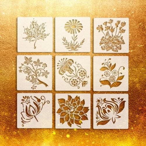9pc 20*20cm Stencil Flower Series Decor DIY Walls Layering Painting Template Scrapbook Coloring Office School Supplies Reusable