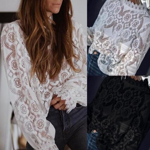 Sexy Women Autumn Long Sleeve Stand Collar Hollow out See Through Lace Blouse female hollow stylish shirts