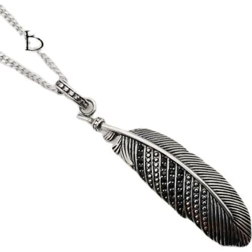 Black Knight Vintage silver color Black CZ stones Feather pendant necklace Stainless steel mens chic feather necklace BLKN0779