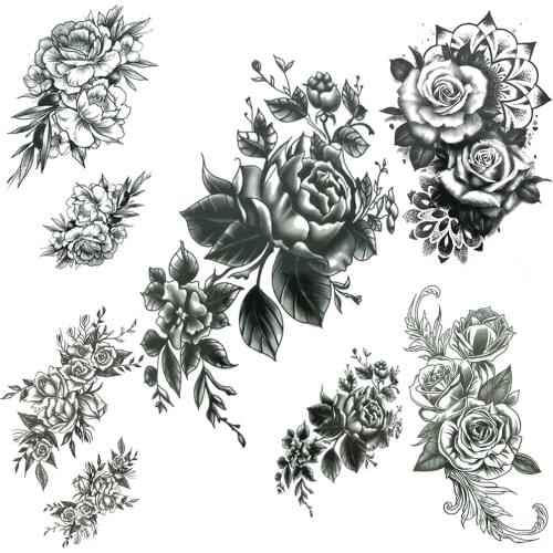 Black Jasmine Temporary Tattoos For Women Girls Rose Lily Flower Fake Tattoo Stickers Mandala Henna Daisy Branch Tatoo Arm Hands