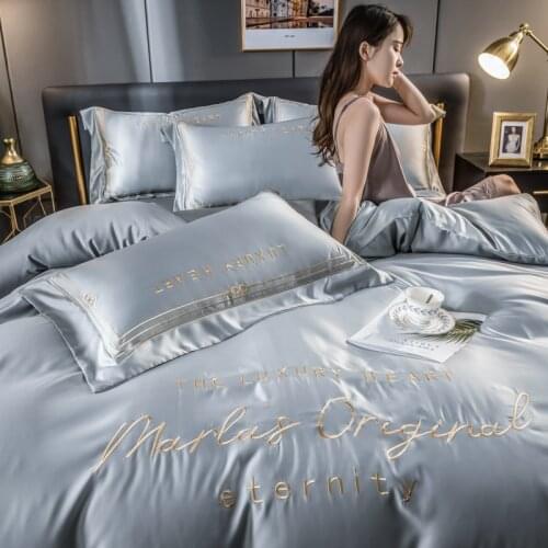 60S Egyptian cotton Bedding Set Embroidered solid color duvet cover bed linen wedding hotel pillowcases fitted sheet flat sheetl