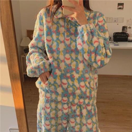 Alien Kitty 2021 Chic Flannel Printing Nightwear Two Piece Suit Sets Sweet Soft Casual Homewear Round-Neck Loose Fashion Pajamas