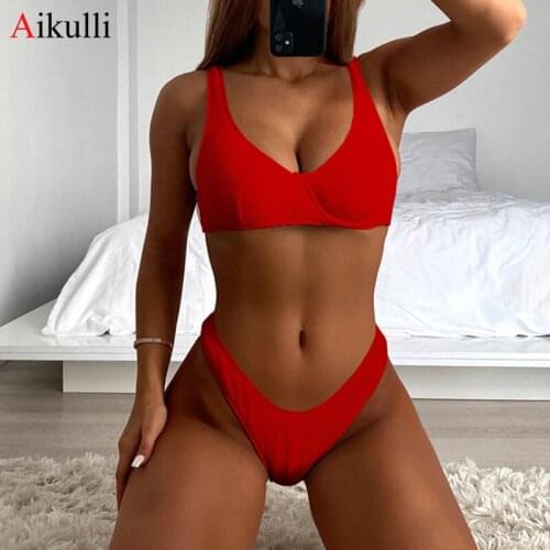 New Solid Bikinis Swimwear Women Sexy V-bar Underwired Swimsuit Push Up Bikini Set Brazilian Bathing Suit Summer Beach Wear Swim