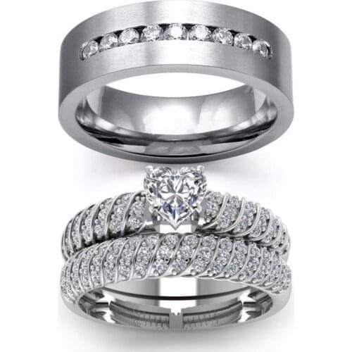 Fashion Couple Stainless Steel Rings Mens Ring Zircon Heart Womens Bridal Ring Sets Gift Good Quality
