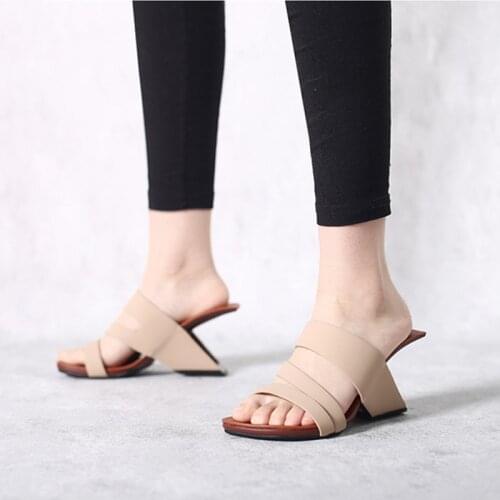 Comfortable summer peep toe slip on 8cm high strange heels oriental mules square toe holiday beach women sandals HL331 MUYISEXI