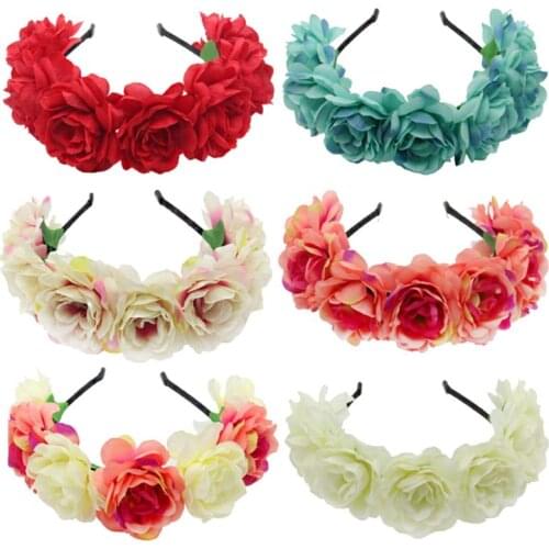 Bohemian Women Wedding Bridal Headband Artificial Colored Blooming Flower Hair Hoop Beach Vacation Headdress Garland Wreath