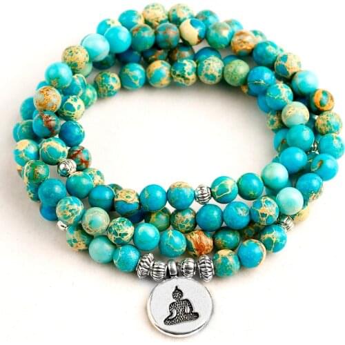 Blue Sea Sediment Imperial 6MM Beads Lotus Buddhist Mala Stone Bracelets Women Men Yoga Meditation Charm Bracelets Drop Shipping