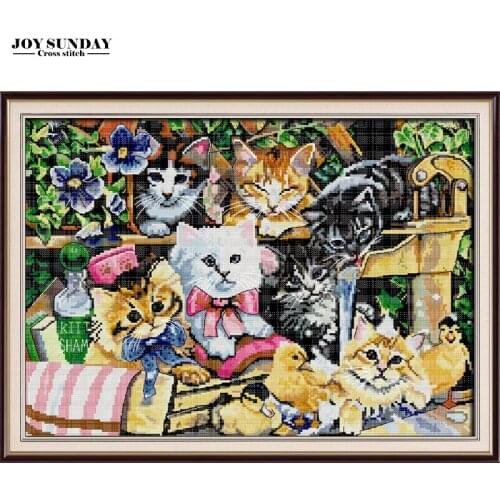 Cat Family Cross Stitch Cat Animal Handwork Paintings Counted Printed Canvas 14CT 11CT DMC Crossstitch Embroidery Needlework Set