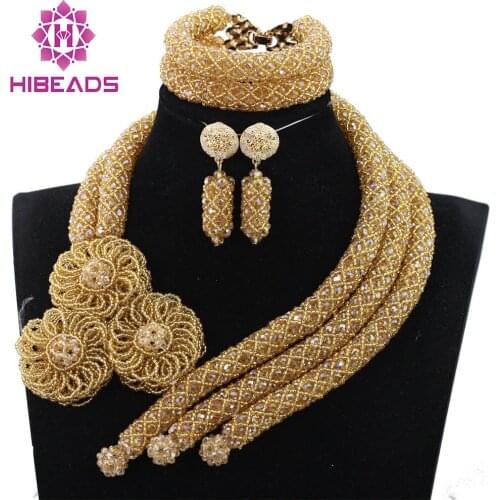 Fabulous Champagne Gold African Beads Statement Jewelry Sets Wedding Nigerian Costume Jewelry Set Free Shipping WD984