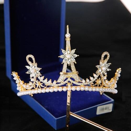 Wedding Bridal Bridesmaid Eiffel Tower Crown Tiara Crystal Imitation Pearl Headband Bride Hair Accessories