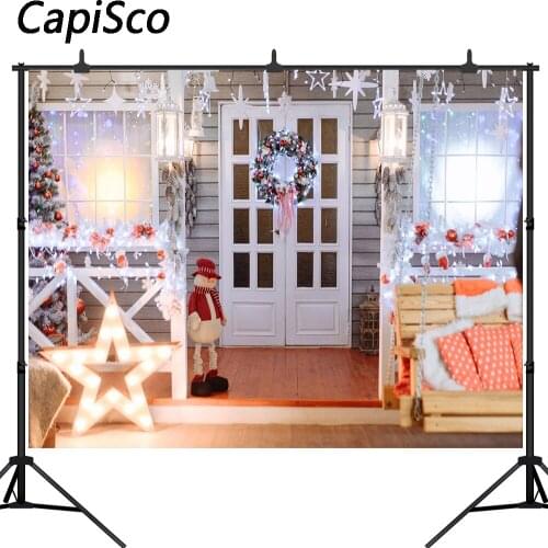 Capisco Photography Backdrops Christmas Tree Winter Snow White wood house Window wreath Xmas stars Background Photo Studio props