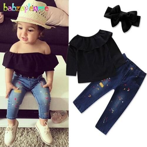 3Piece/Spring Autumn Kids Clothes Girls Boutique Outfits Fashion Black T-shirt+Children Jeans+Headband Baby Clothing Sets BC1608
