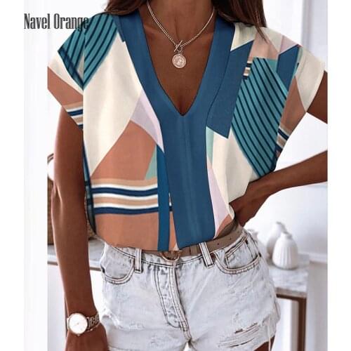 New Summer Women Casual V-Neck Short Sleeve Top Blouse Loose Office Lady Pullover Shirt Printing Elegant Streetwear Dropshipping