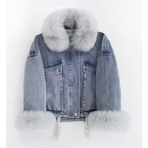 2020 New Denim Parka Women Winter Jacket Real Fox Fur Collar Lining 90% Duck Down Warm Loose Outerwear