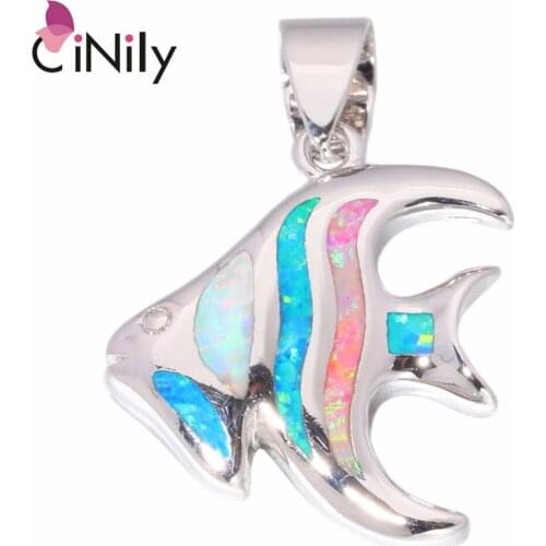 CiNily Created White Blue Pink Fire Opal Silver Plated Wholesale Cute Fish for Women Jewelry Christmas Gift Pendant 23mm OD6751