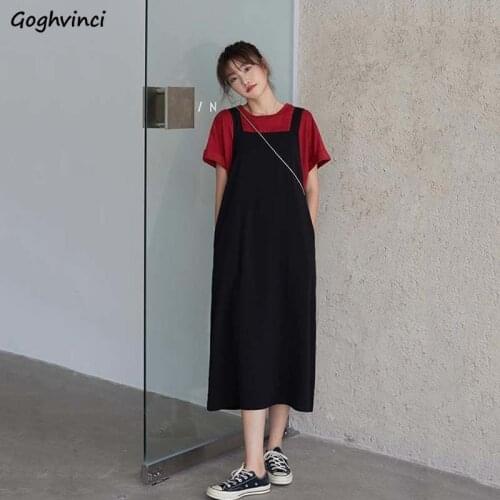 Summer Solid Casual Dress Sets Women Basic Short Sleeve Tees Loose Straps Vestido Split Preppy Style Students Mid-calf Slim Ins