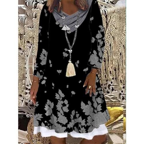 Womens fashion pile-neck snowflake print long-sleeved dress 2021 femme
